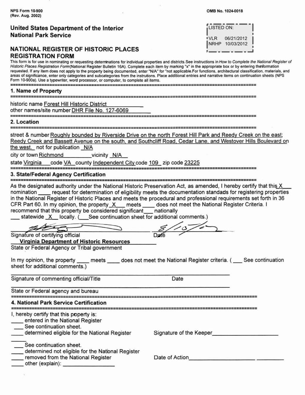 D2JA3%7 Signa6re of Certifying Official Virainia ~Epartmentof Historic Resources State Or Federal Agency Or Tribal Government