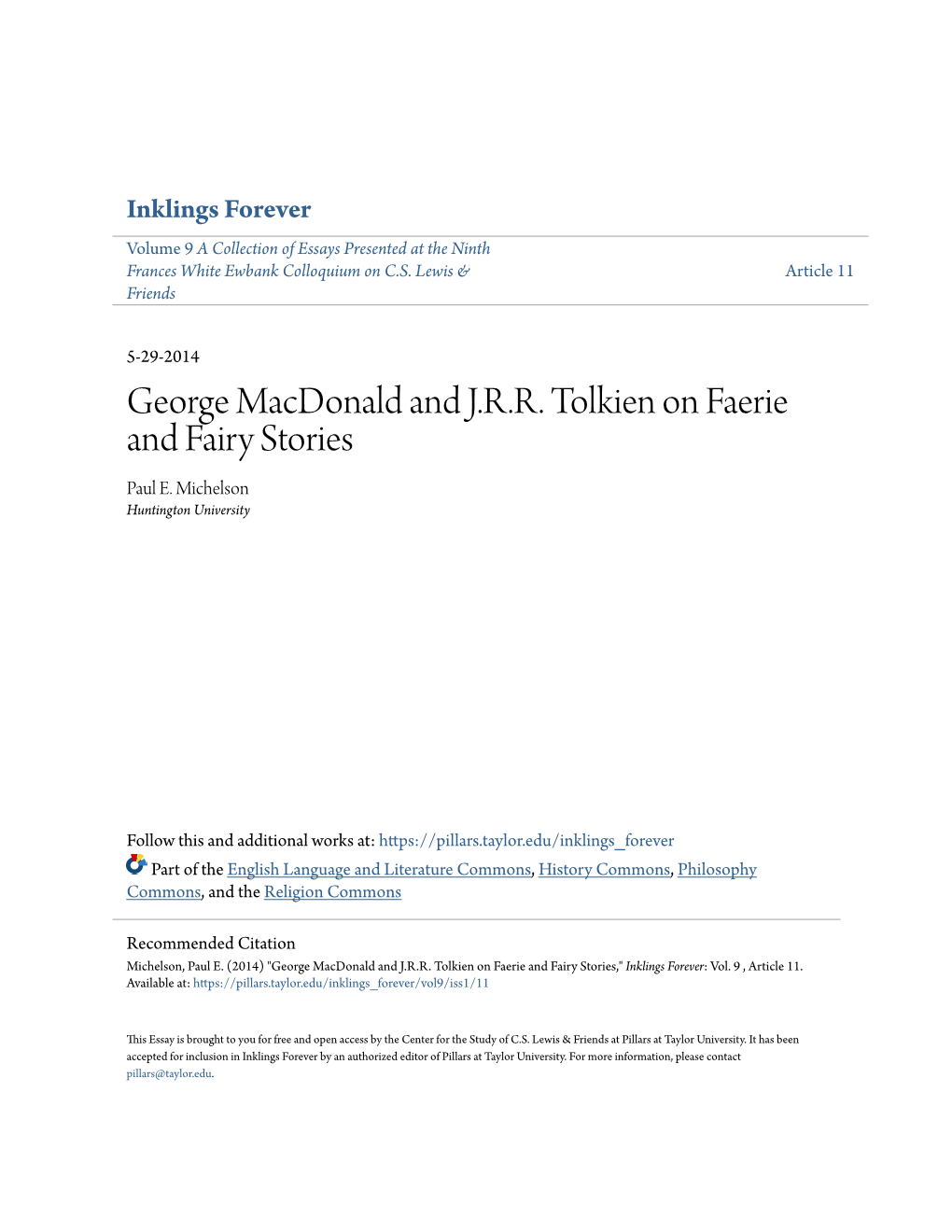 George Macdonald and J.R.R. Tolkien on Faerie and Fairy Stories Paul E