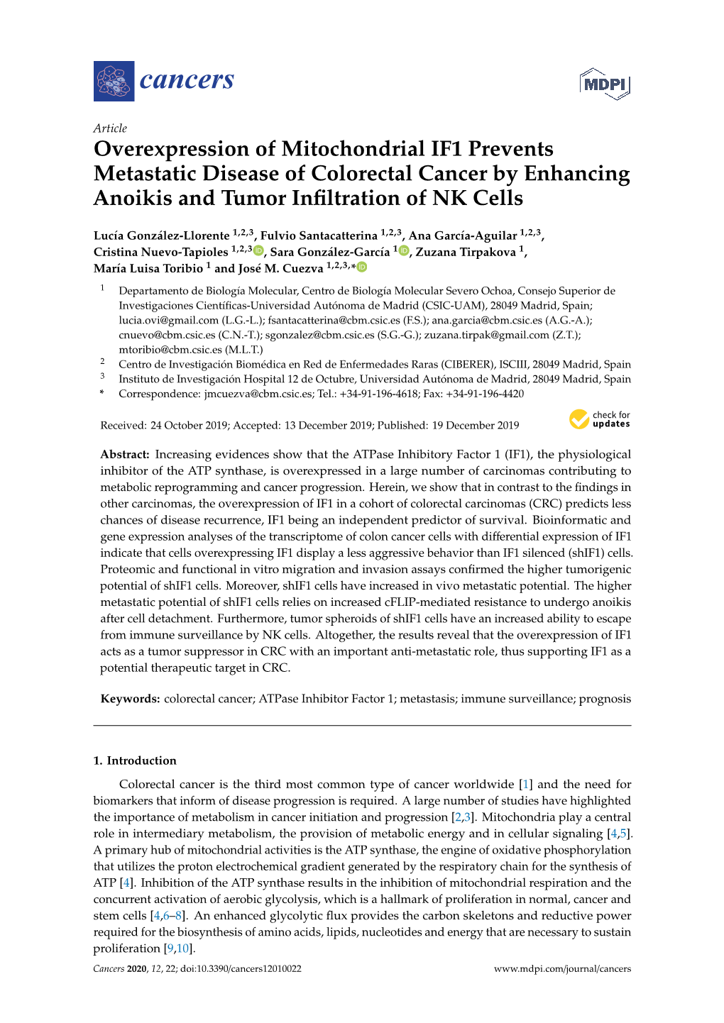 Overexpression of Mitochondrial IF1 Prevents Metastatic Disease of Colorectal Cancer by Enhancing Anoikis and Tumor Inﬁltration of NK Cells