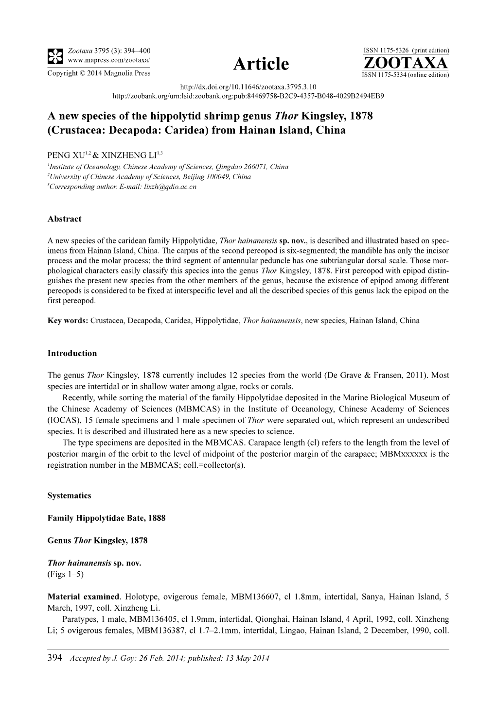 A New Species of the Hippolytid Shrimp Genus Thor Kingsley, 1878 (Crustacea: Decapoda: Caridea) from Hainan Island, China