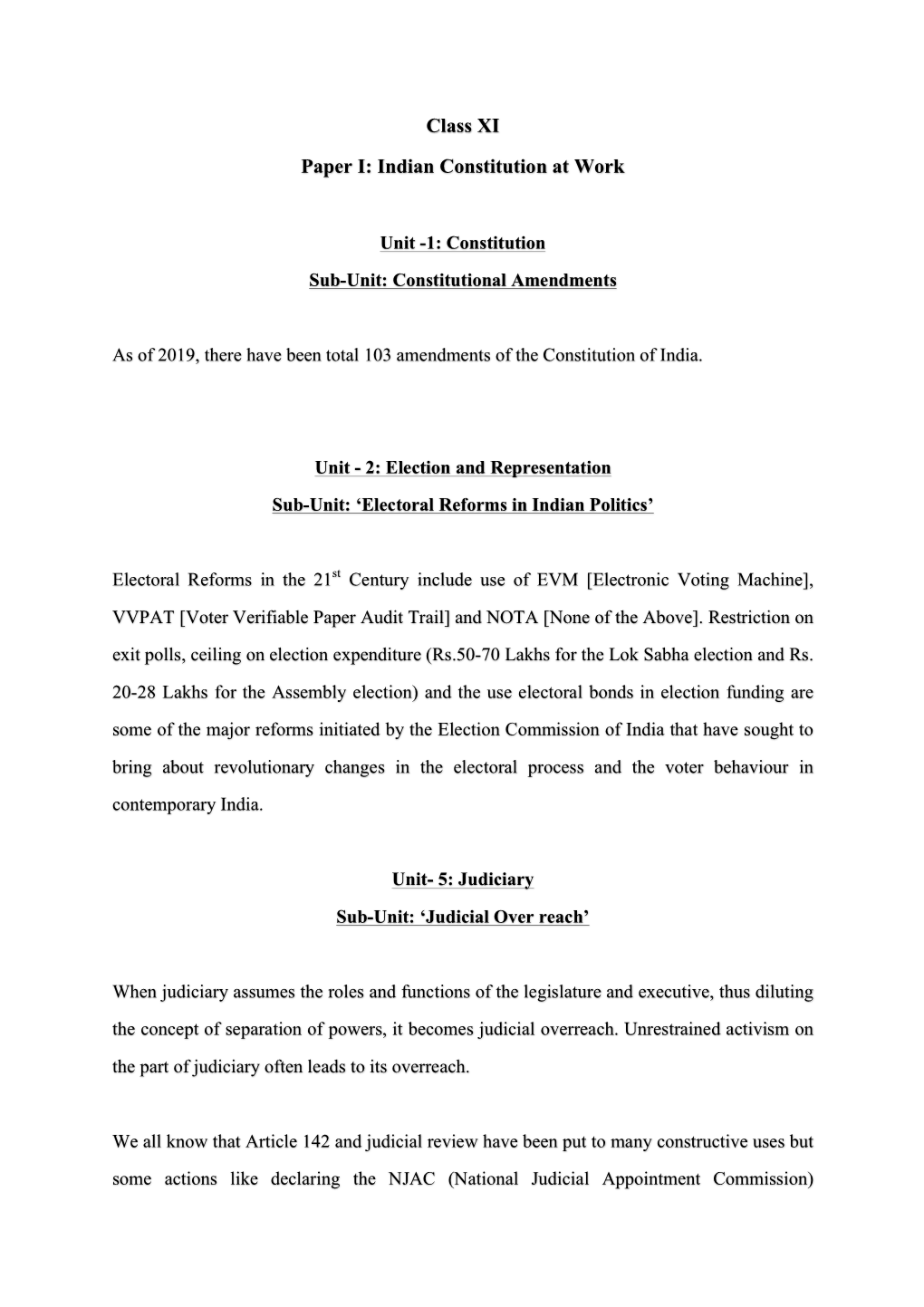 Class XI Paper I: Indian Constitution at Work