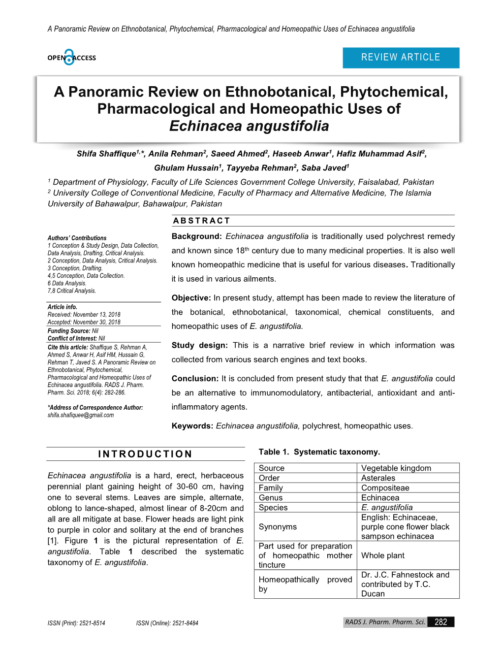 A Panoramic Review on Ethnobotanical, Phytochemical, Pharmacological and Homeopathic Uses of Echinacea Angustifolia