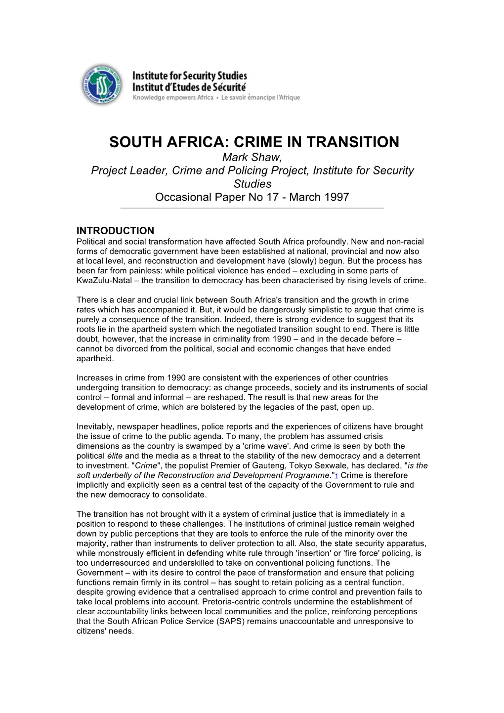 ISS Paper 17: South Africa: Crime in Transition, Mark Shaw