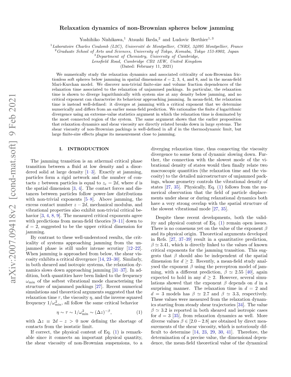 Arxiv:2007.09418V2 [Cond-Mat.Soft] 9 Feb 2021 Min Lations Showed That the Exponent Β Depends on D in a Structure of Unjammed Packings [27]