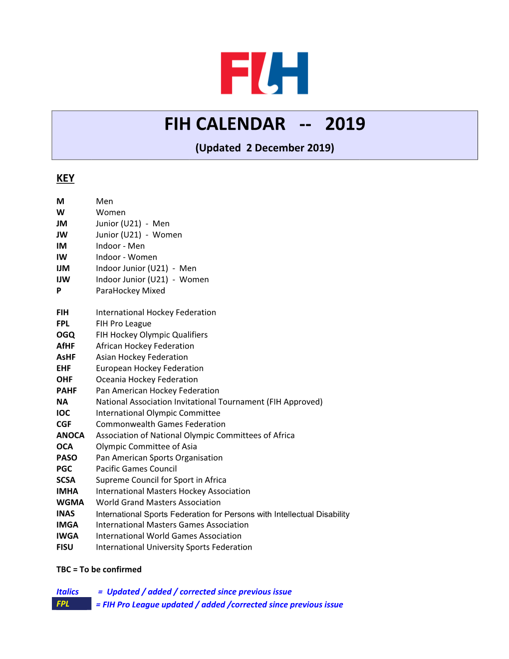 Fih Calendar -- 2019