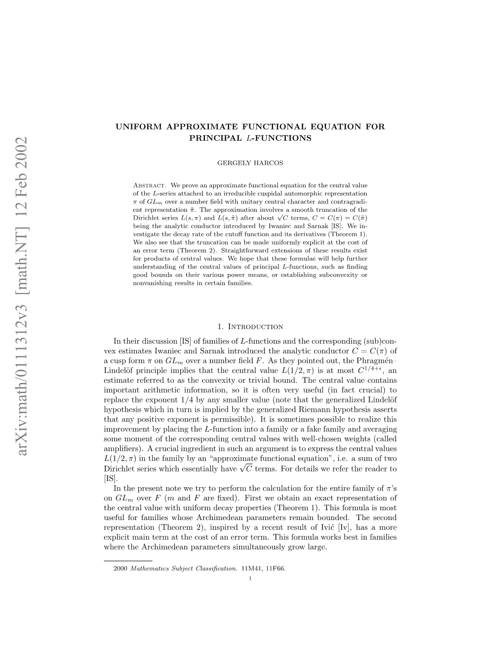 Arxiv:Math/0111312V3 [Math.NT] 12 Feb 2002 [IS]