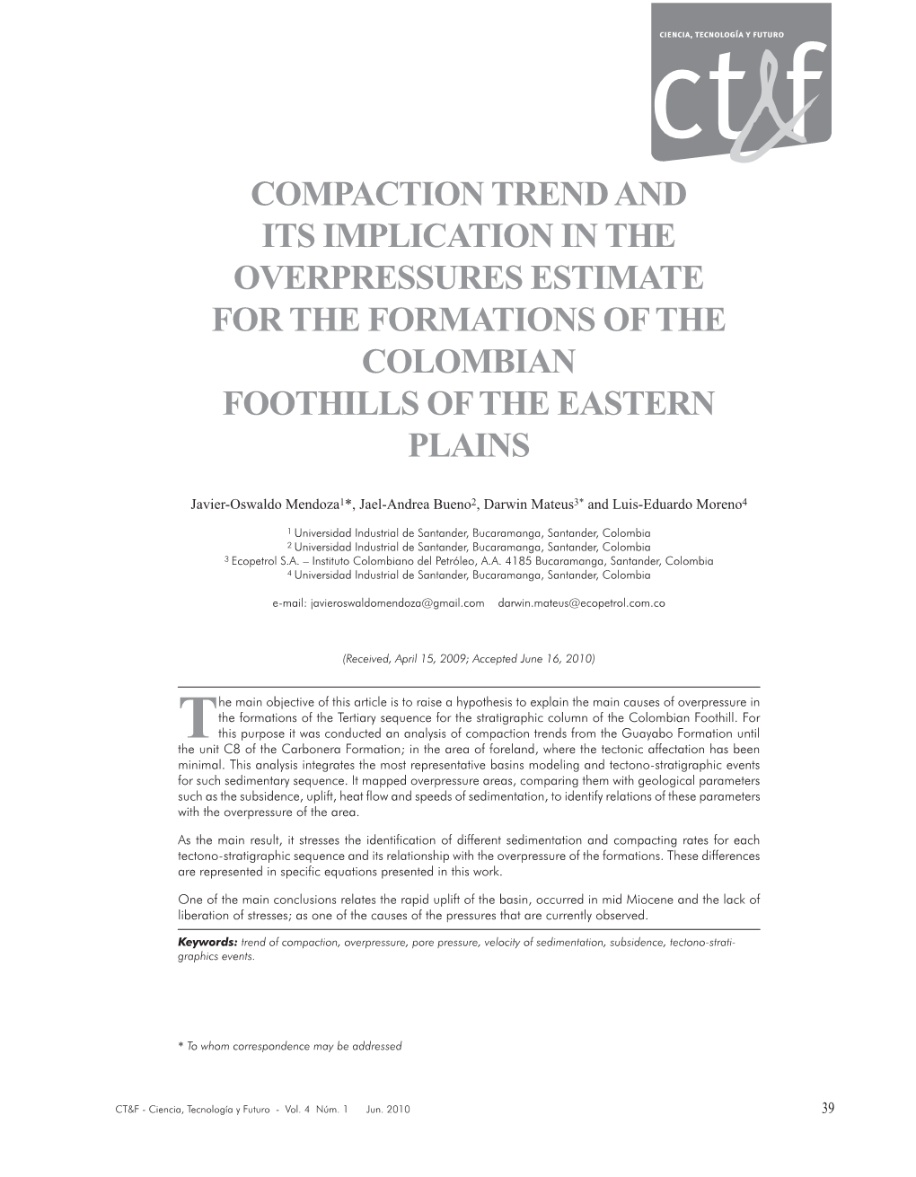 Compaction Trend and Its Implication in the Overpressures Estimate for the Formations of the Colombian Foothills of the Eastern Plains