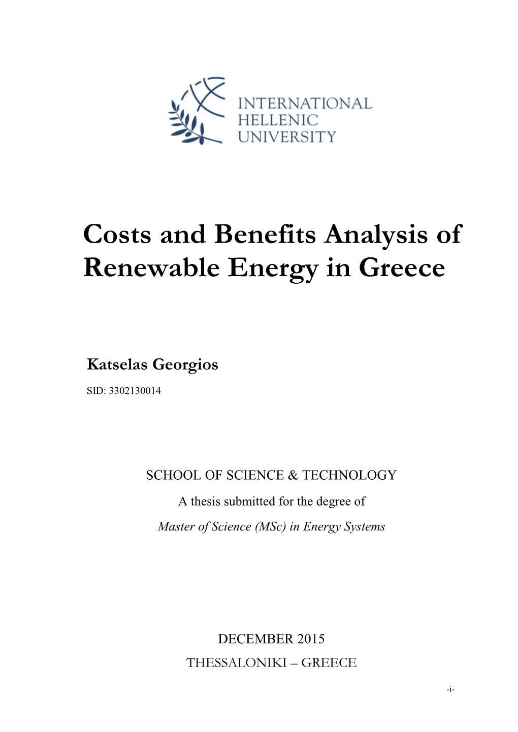 Costs and Benefits Analysis of Renewable Energy in Greece