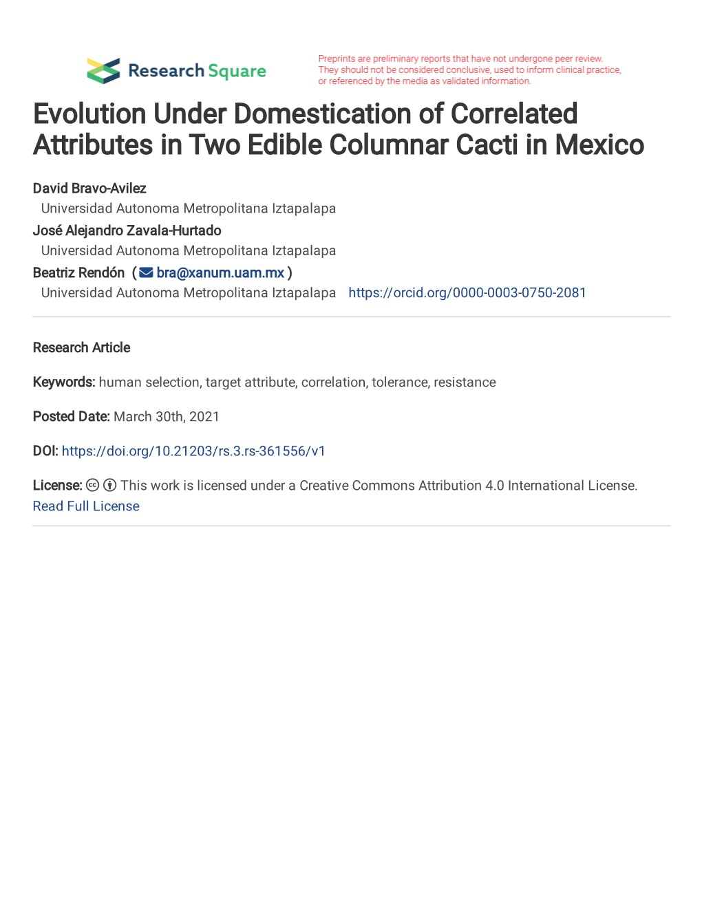 Evolution Under Domestication of Correlated Attributes in Two Edible Columnar Cacti in Mexico