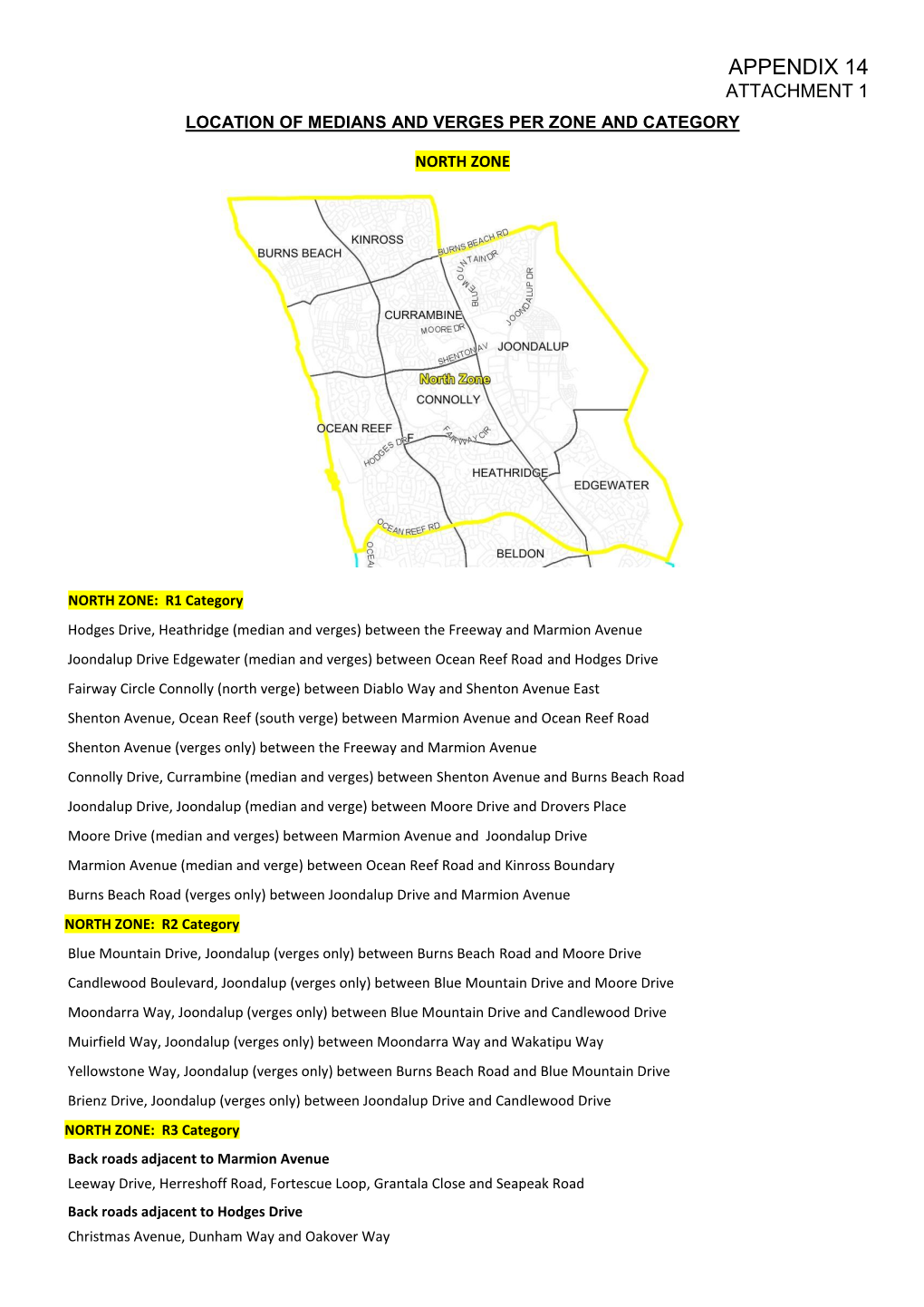 Appendix 14 Attachment 1 Location of Medians and Verges Per Zone and Category