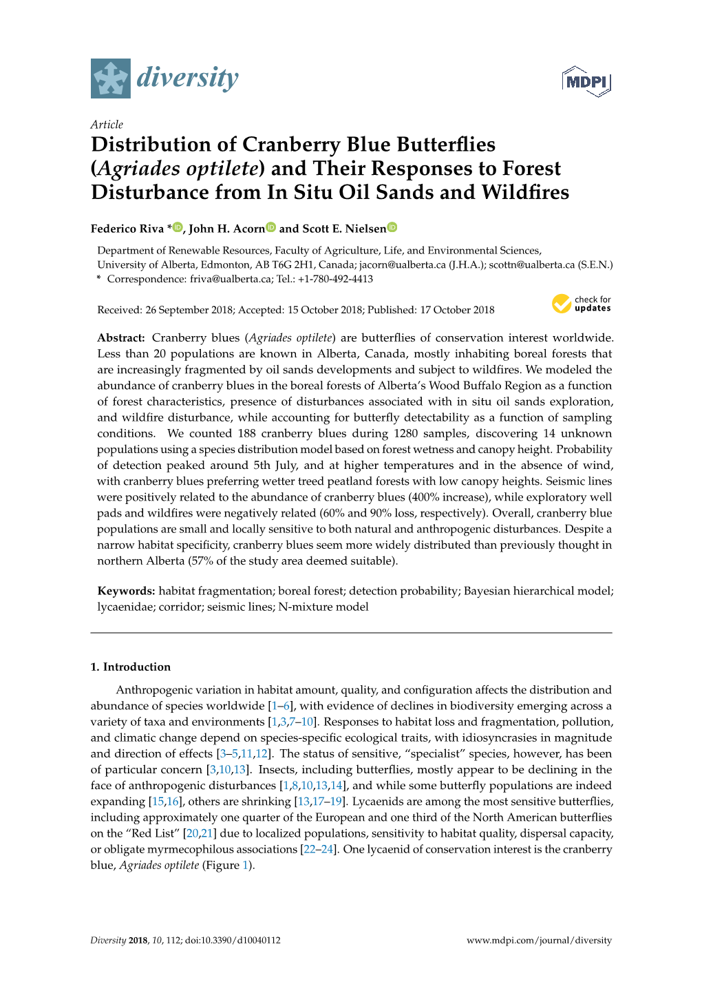 (Agriades Optilete) and Their Responses to Forest Disturbance from in Situ Oil Sands and Wildfires