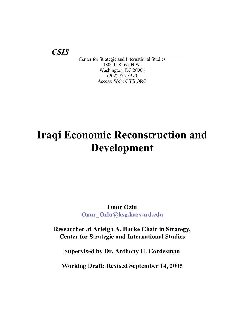 Iraqi Economic Reconstruction and Development