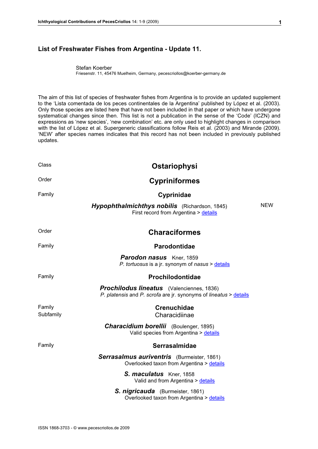 List of Freshwater Fishes from Argentina - Update 11