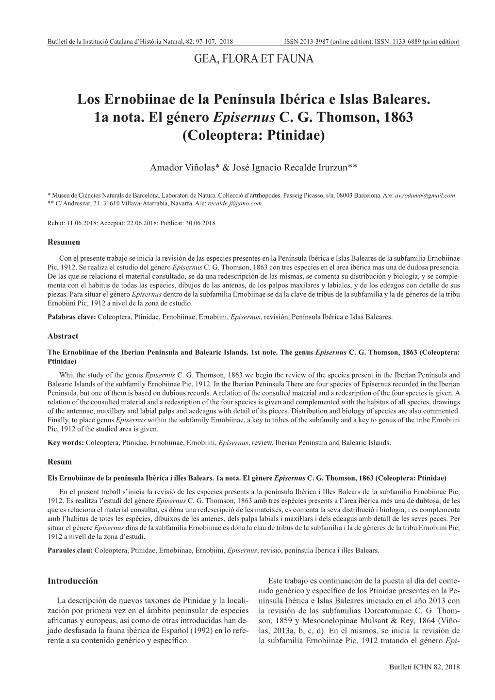 Los Ernobiinae De La Península Ibérica E Islas Baleares. 1A Nota. El Género Episernus C