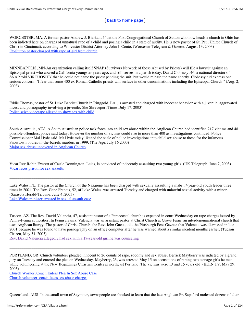 Child Sexual Molestation by Protestant Clergy of Every Denomination 8/23/11 9:56 PM