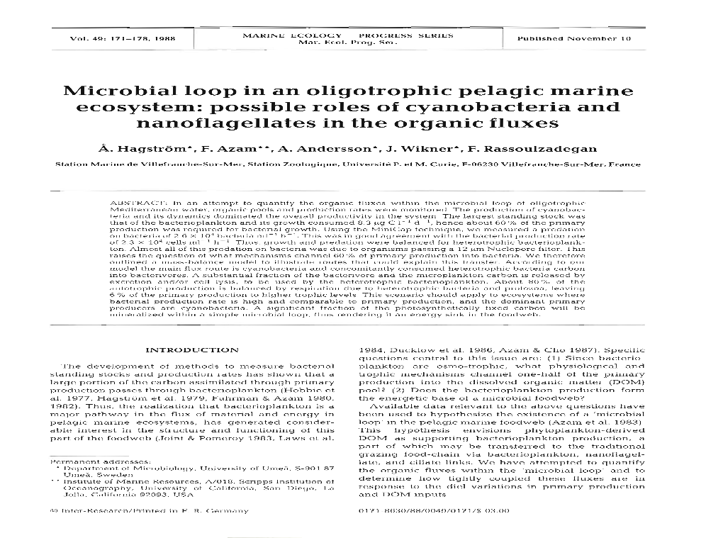 Microbial Loop in an Oligotrophic Pelagic Marine Ecosystem: Possible Roles of Cyanobacteria and Nanoflagellates in the Organic Fluxes