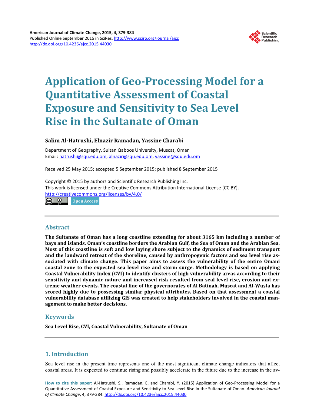 Application of Geo-Processing Model for a Quantitative Assessment of Coastal Exposure and Sensitivity to Sea Level Rise in the Sultanate of Oman