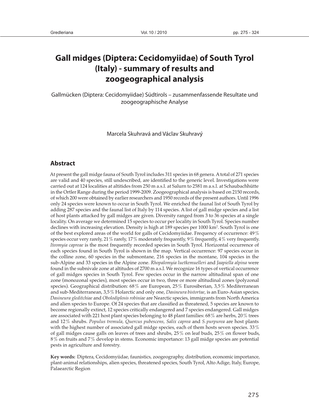 Gall Midges (Diptera: Cecidomyiidae) of South Tyrol (Italy) - Summary of Results and Zoogeographical Analysis