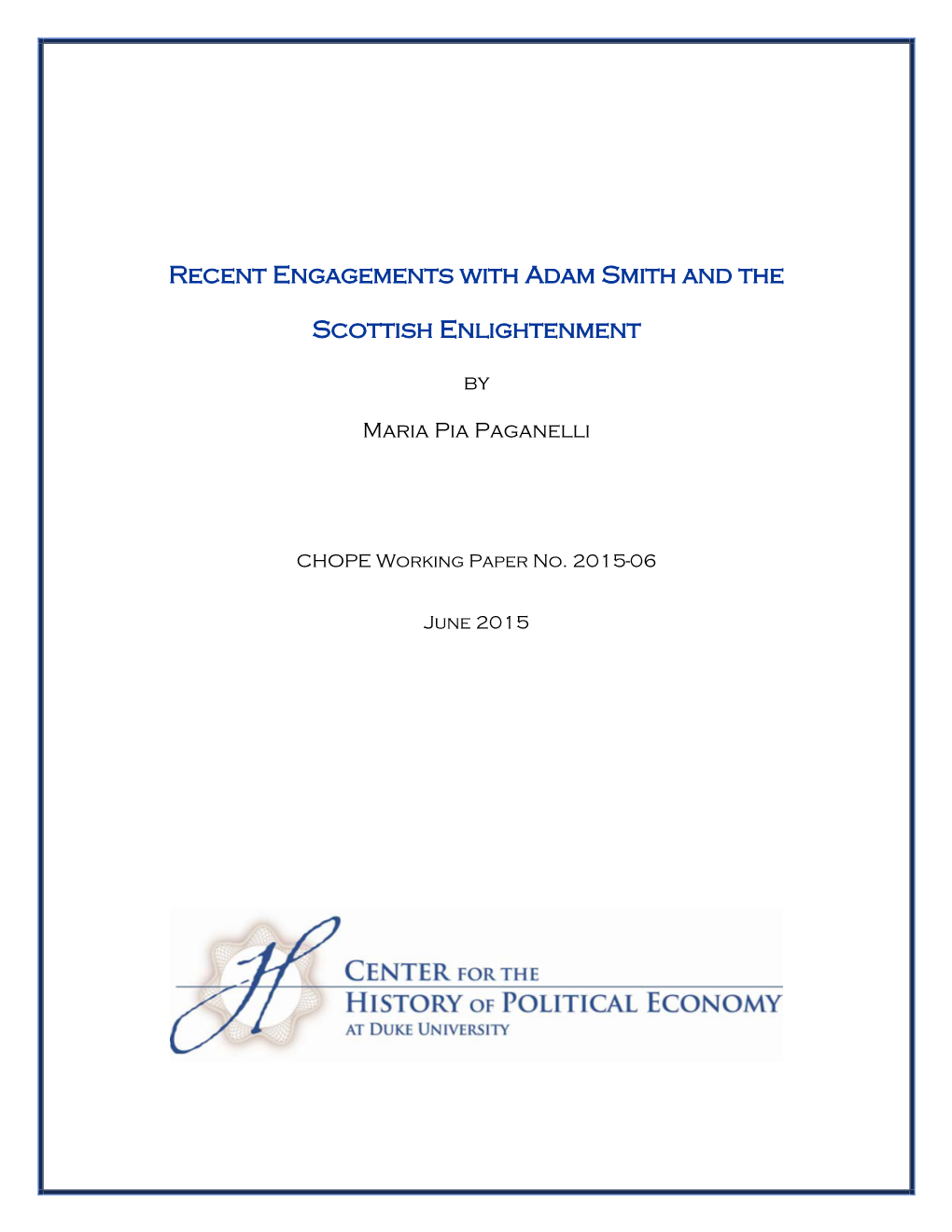 Paganelli HOPE Adam Smith and the Scottish Enlightenment With