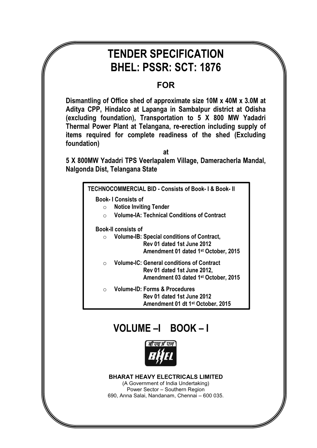 Tender Specification Bhel: Pssr: Sct: 1876