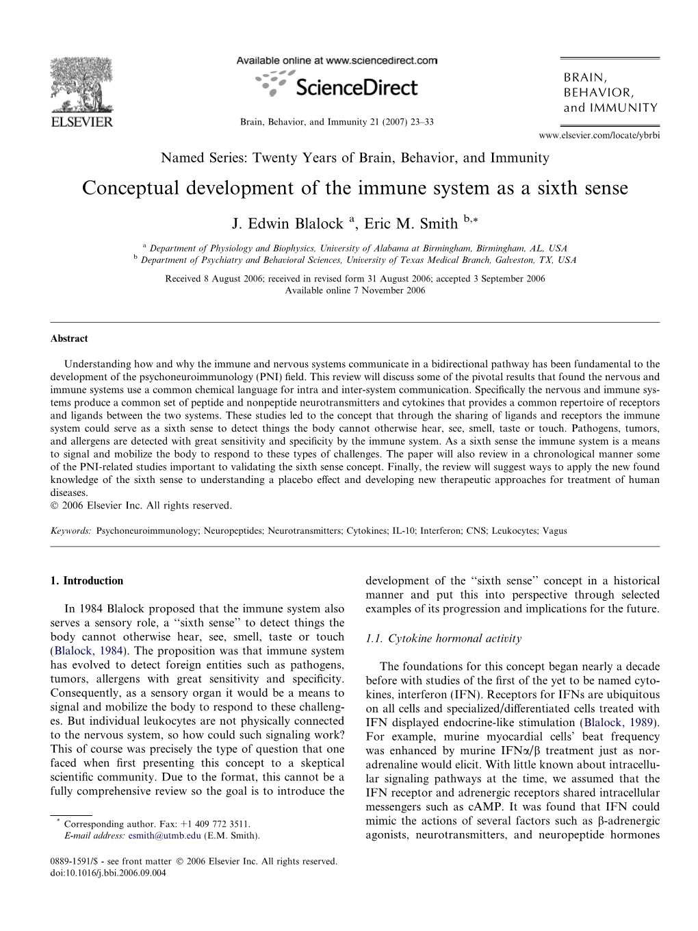 Conceptual Development of the Immune System As a Sixth Sense