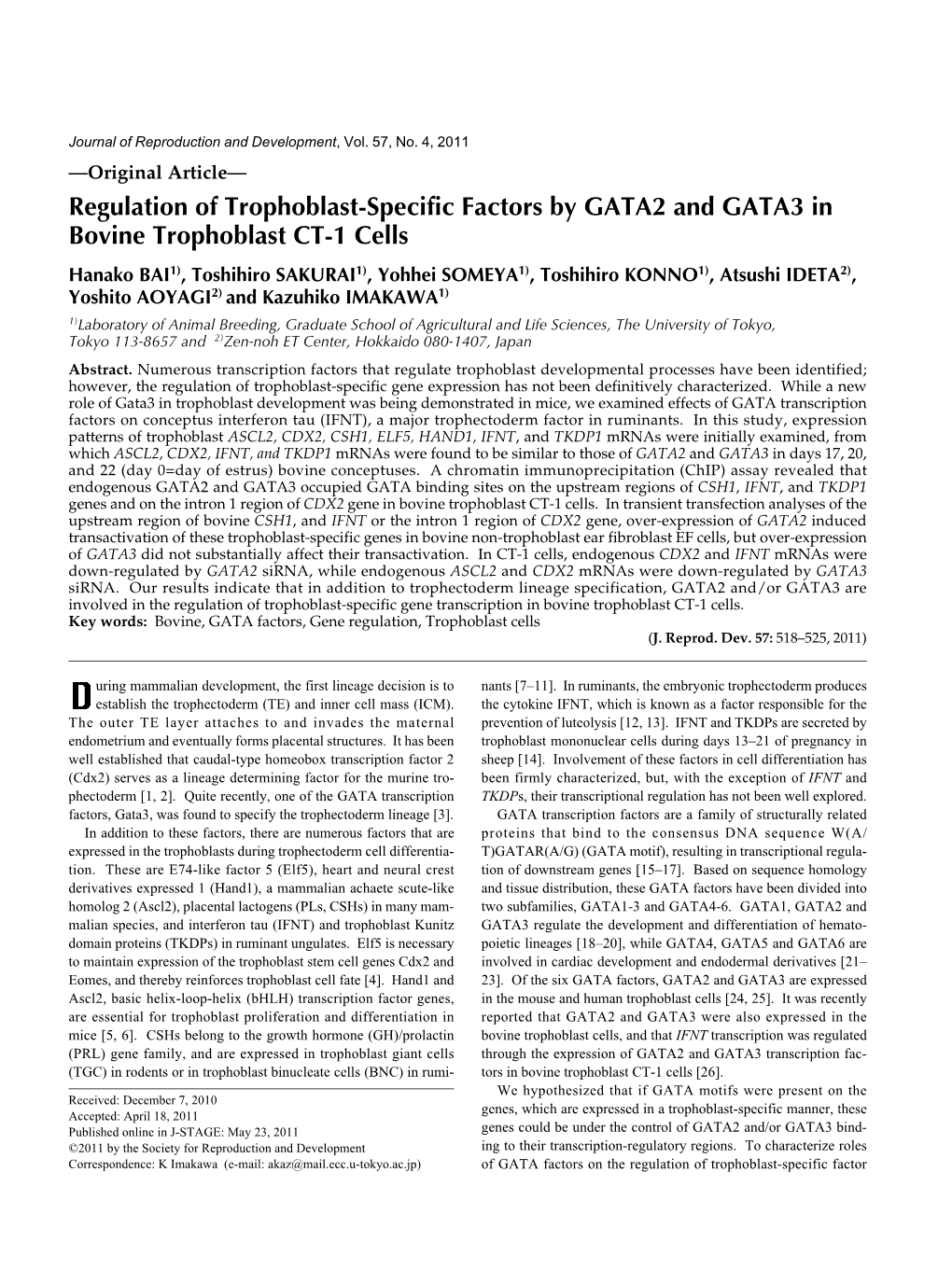 Regulation of Trophoblast-Specific Factors by GATA2 and GATA3 In