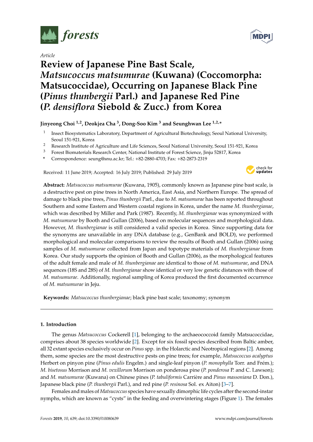 Review of Japanese Pine Bast Scale, Matsucoccus Matsumurae