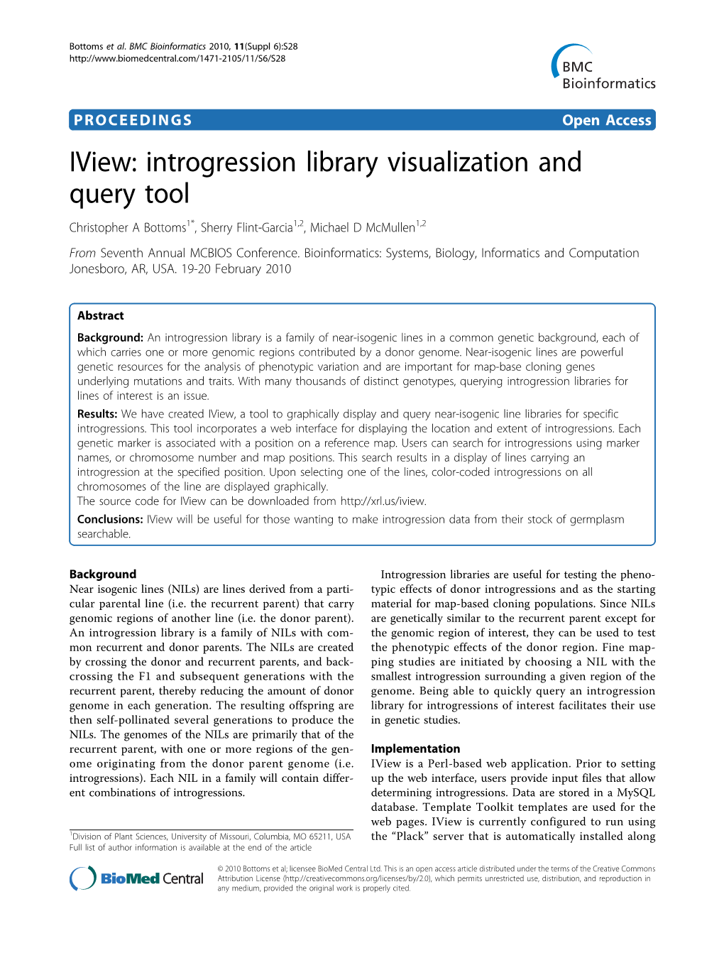 Introgression Library Visualization and Query Tool Christopher a Bottoms1*, Sherry Flint-Garcia1,2, Michael D Mcmullen1,2 from Seventh Annual MCBIOS Conference