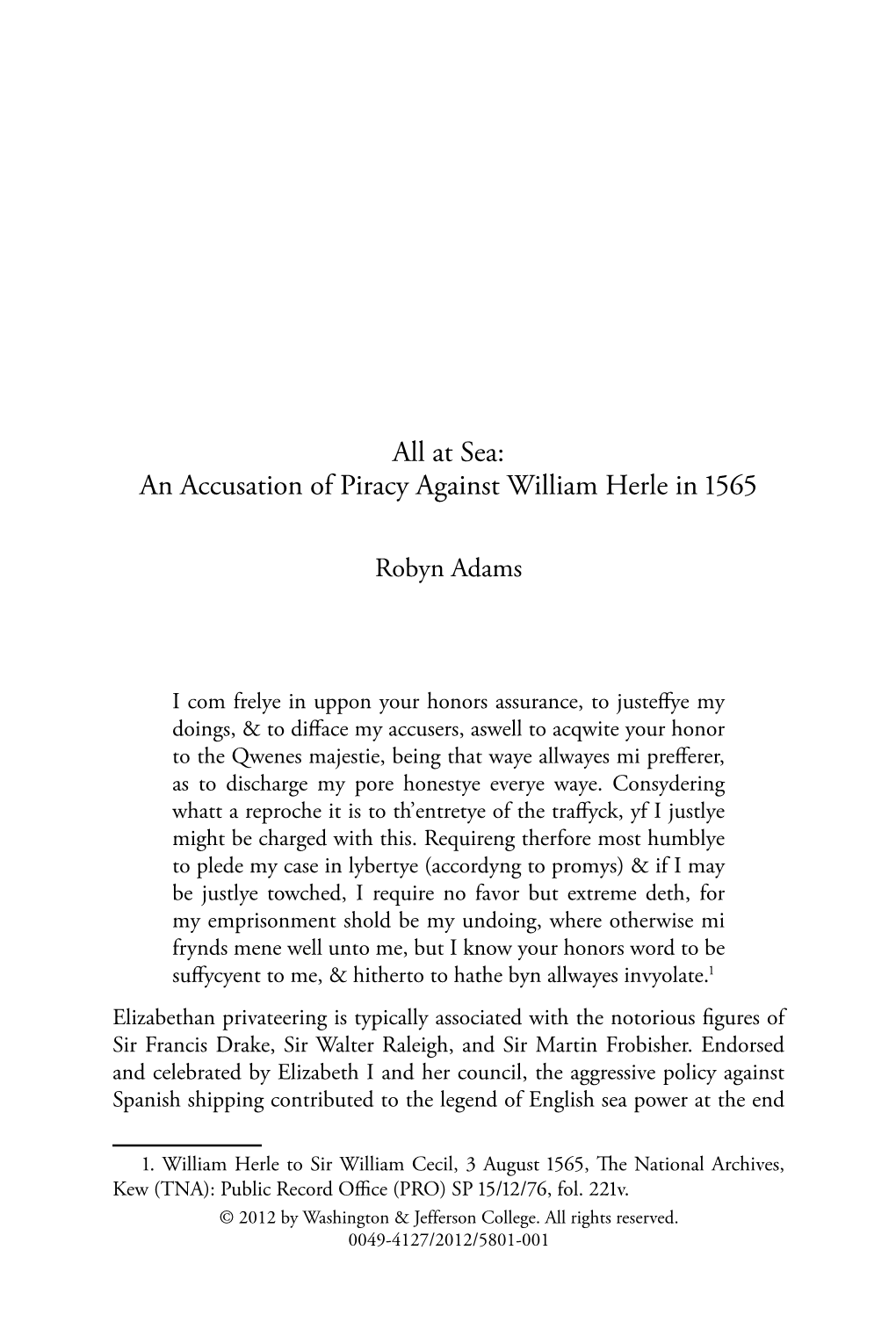 All at Sea: an Accusation of Piracy Against William Herle in 1565