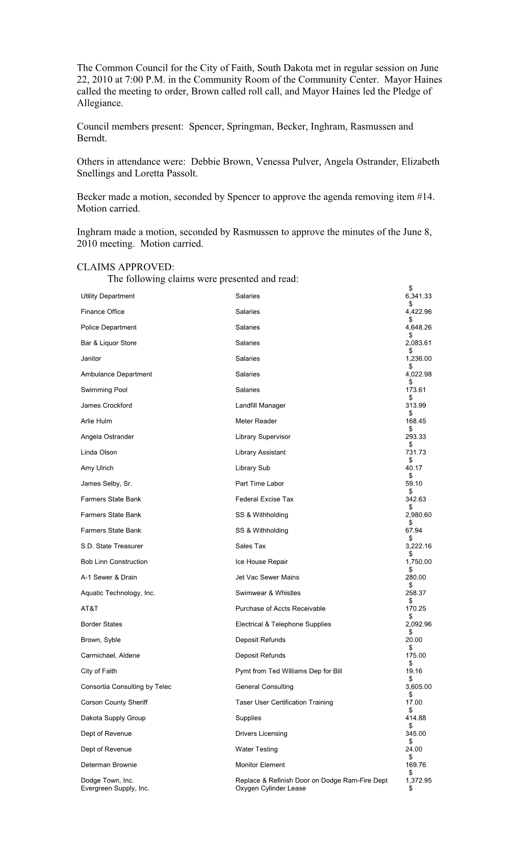 The Common Council for the City of Faith, South Dakota Met in Regular Session on June 22