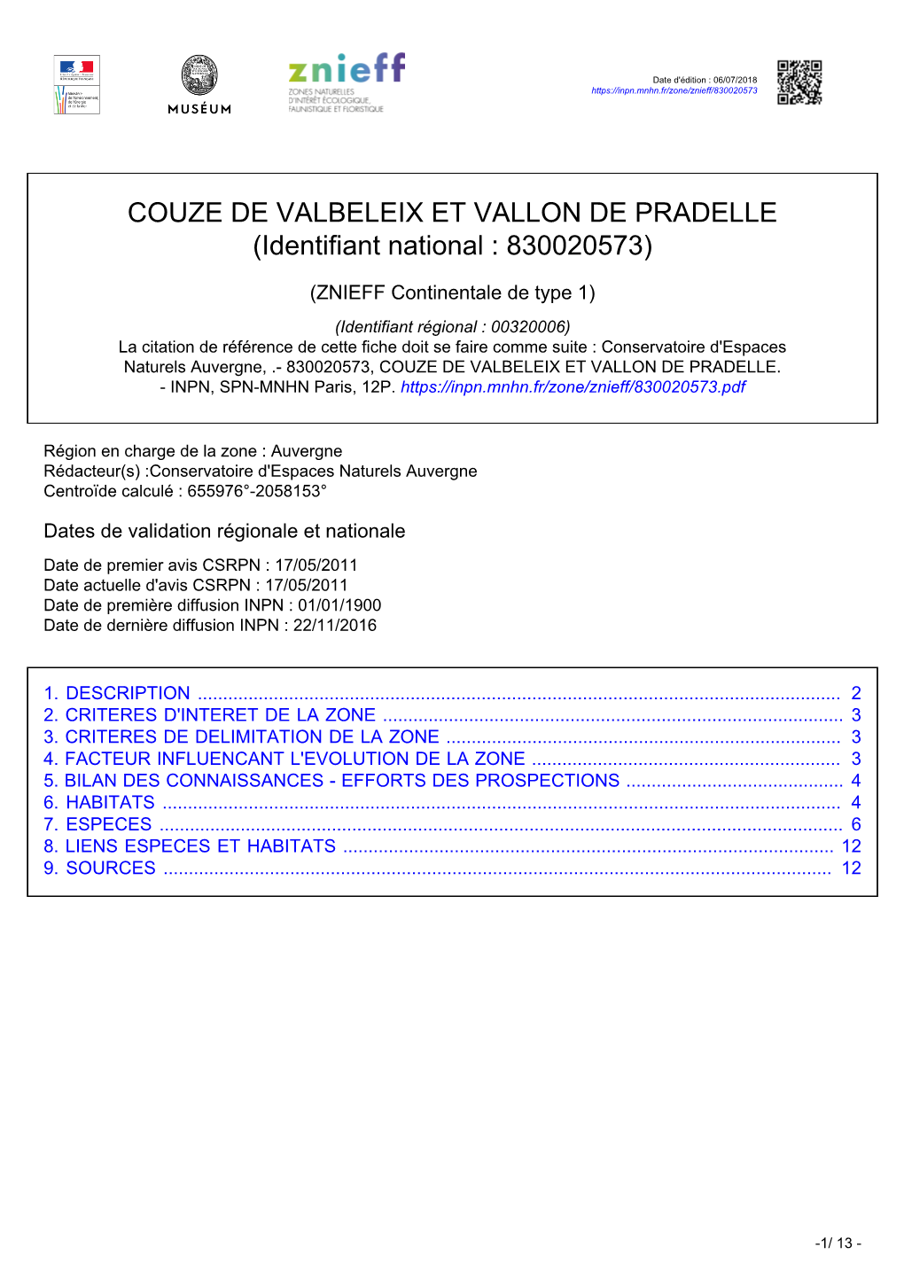 COUZE DE VALBELEIX ET VALLON DE PRADELLE (Identifiant National : 830020573)