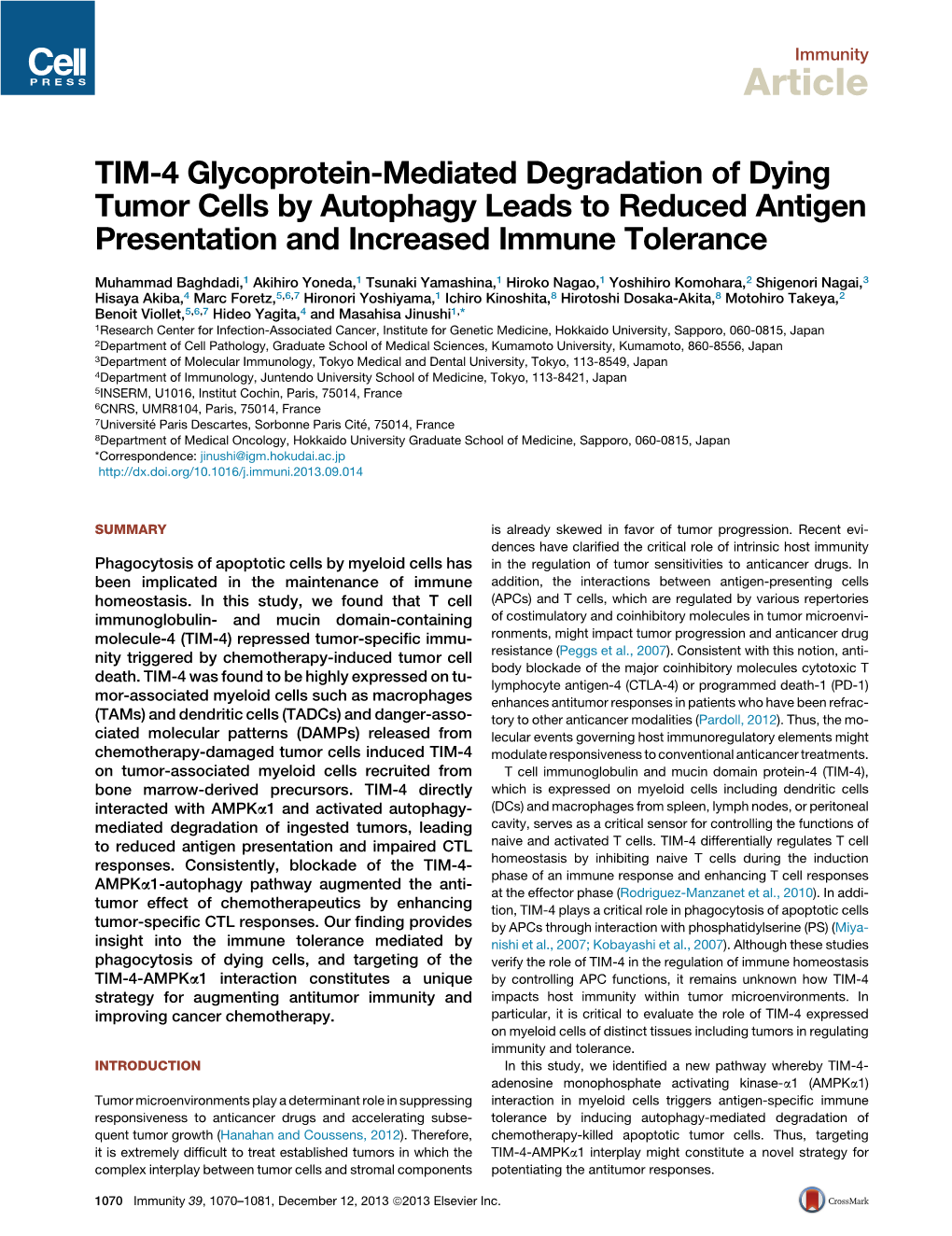 TIM-4 Glycoprotein-Mediated Degradation of Dying Tumor Cells by Autophagy Leads to Reduced Antigen Presentation and Increased Immune Tolerance