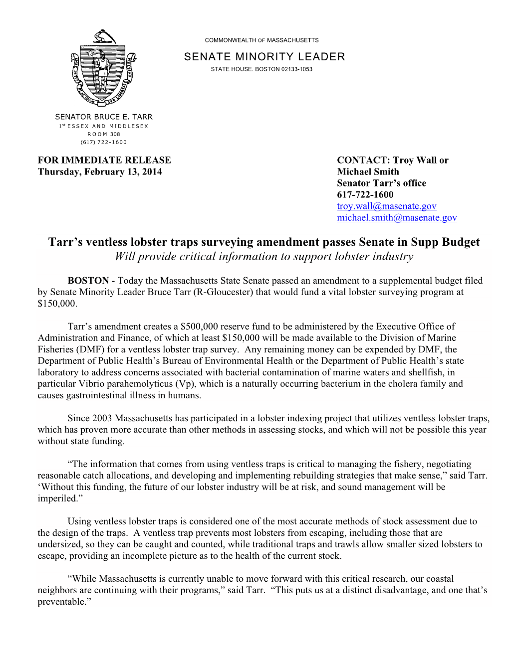 Tarr's Ventless Lobster Traps Surveying Amendment