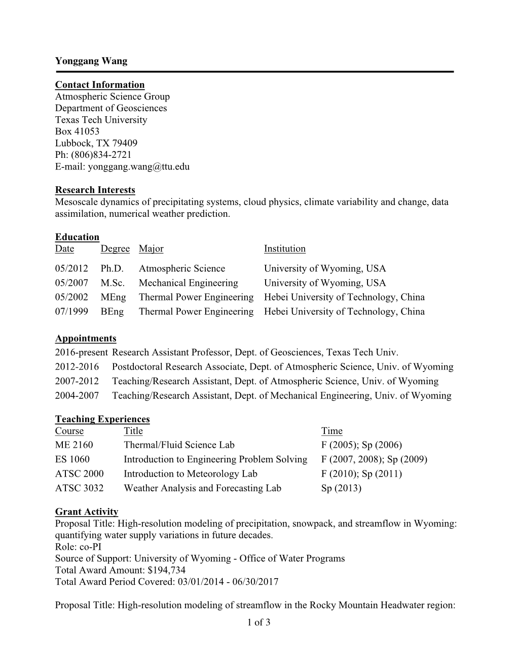 1 of 3 Yonggang Wang Contact Information Atmospheric Science