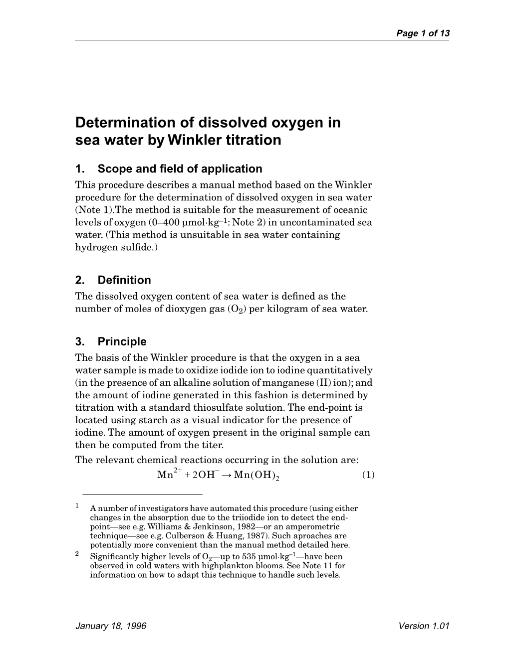 Determination of Dissolved Oxygen in Sea Water by Winkler Titration