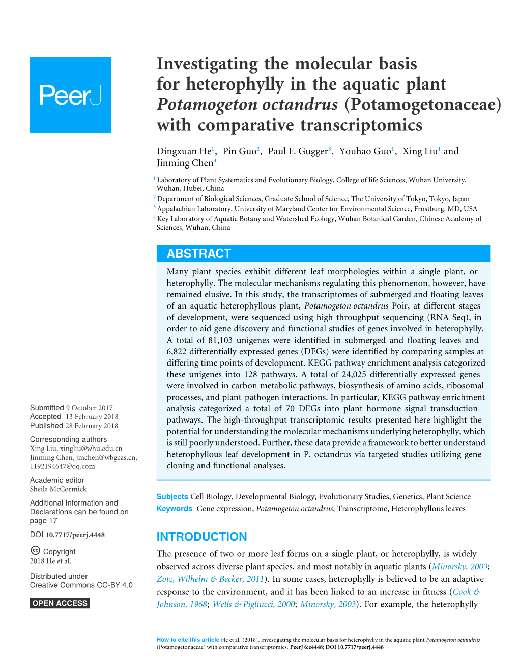 Investigating the Molecular Basis for Heterophylly in the Aquatic Plant Potamogeton Octandrus (Potamogetonaceae) with Comparative Transcriptomics