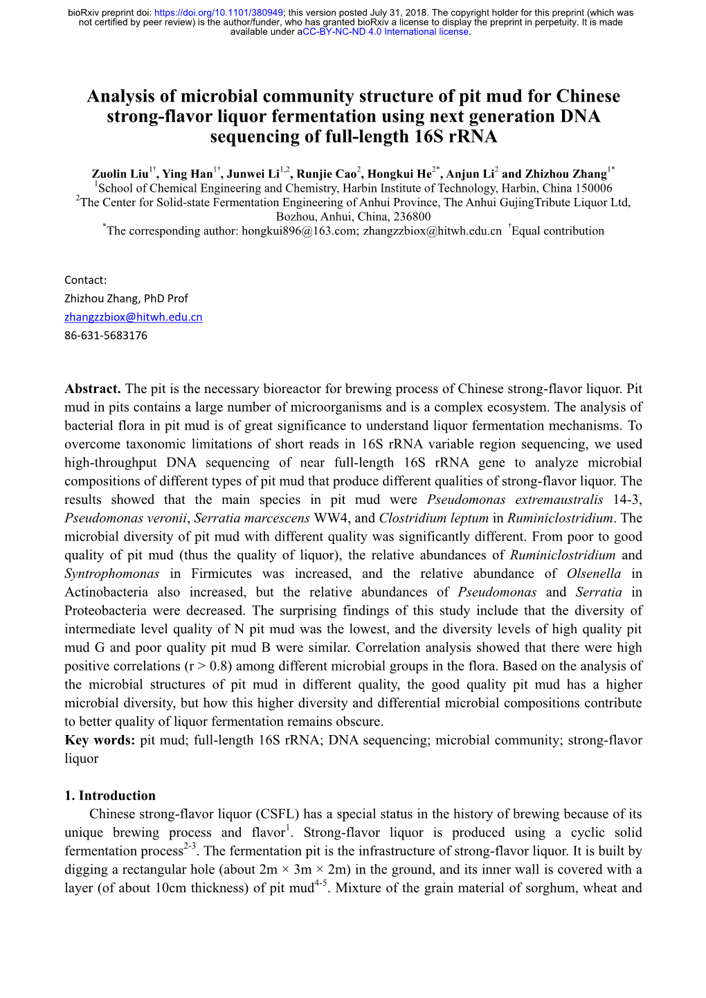 Analysis of Microbial Community Structure of Pit Mud for Chinese Strong-Flavor Liquor Fermentation Using Next Generation DNA Sequencing of Full-Length 16S Rrna