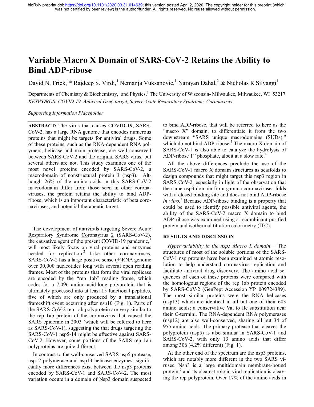 Variable Macro X Domain of SARS-Cov-2 Retains the Ability to Bind ADP-Ribose David N