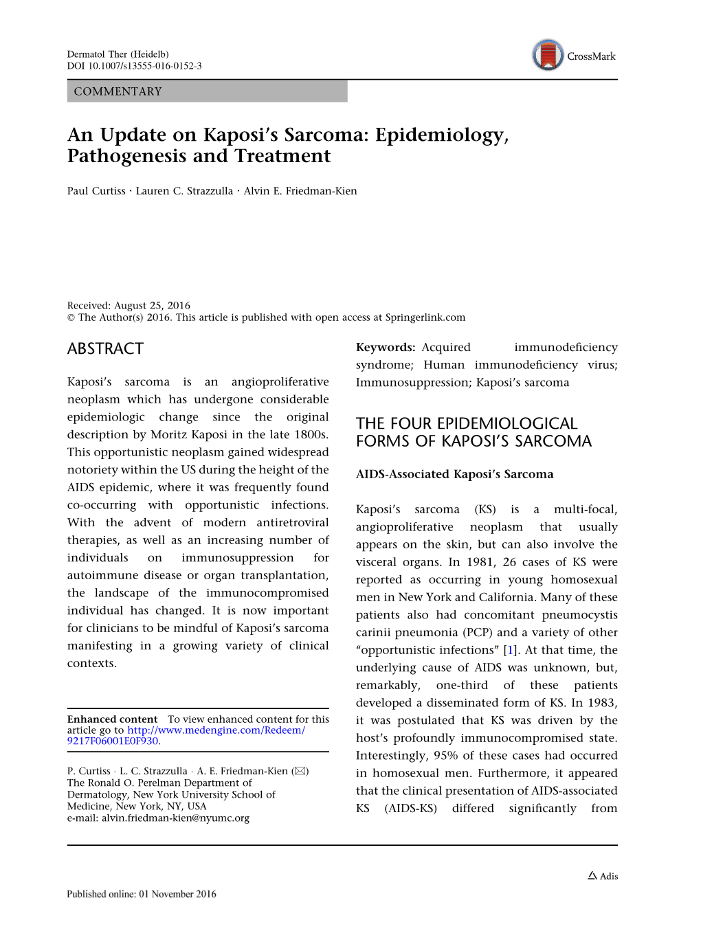 An Update on Kaposi's Sarcoma: Epidemiology, Pathogenesis And