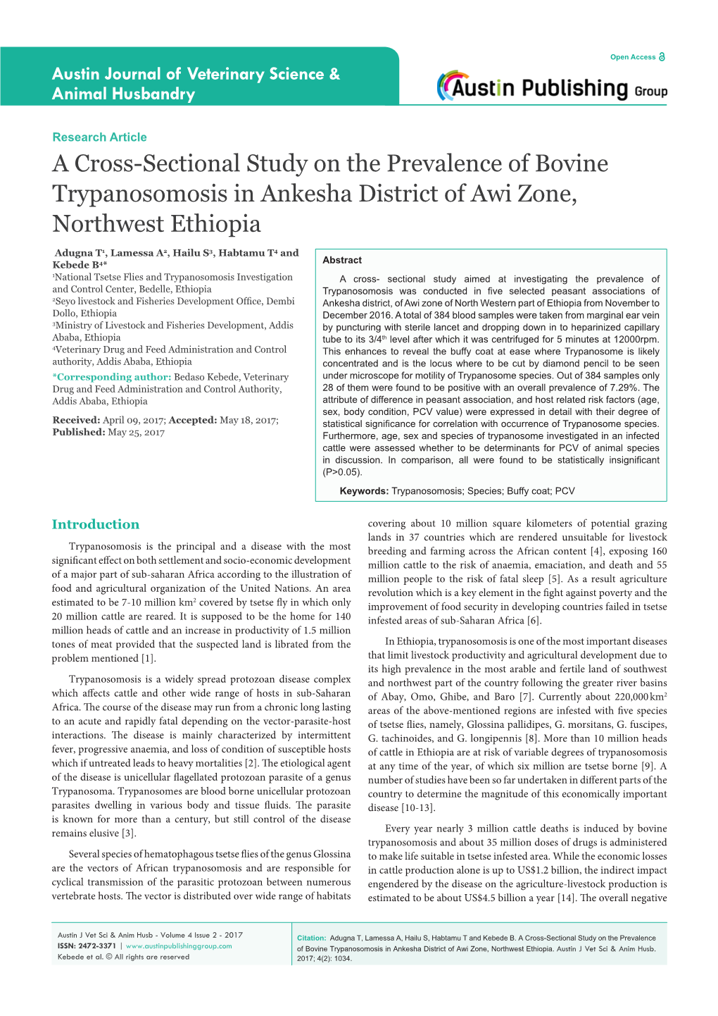 A Cross-Sectional Study on the Prevalence of Bovine Trypanosomosis in Ankesha District of Awi Zone, Northwest Ethiopia