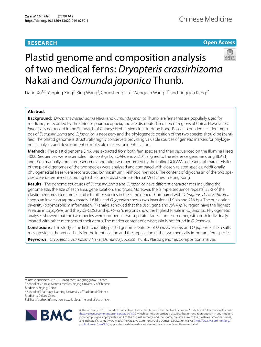 Plastid Genome and Composition Analysis of Two Medical Ferns: Dryopteris Crassirhizoma Nakai and Osmunda Japonica Thunb