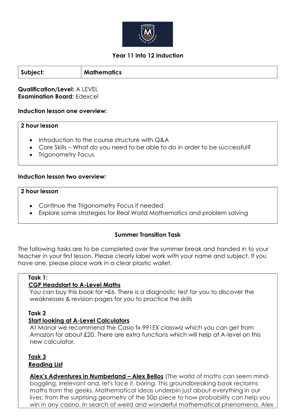 Induction Lessons and Transition Task