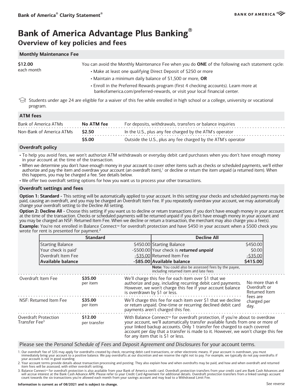 Bank of America Advantage Plus Banking Clarity Statement