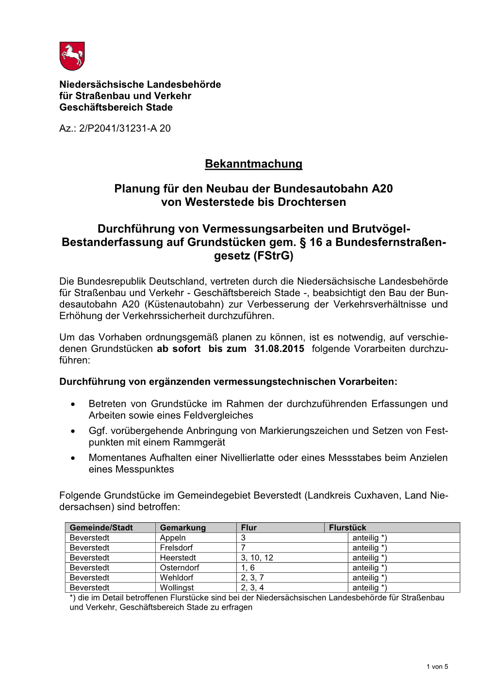 Bekanntmachung Planung Für Den Neubau Der Bundesautobahn A20