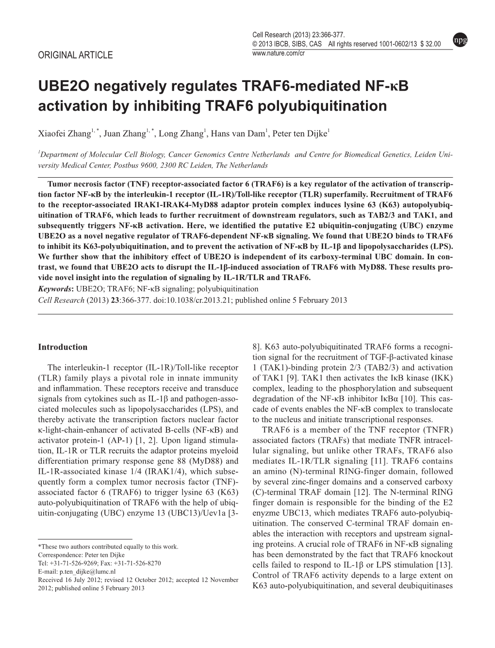 UBE2O Negatively Regulates TRAF6-Mediated NF-Κb Activation by Inhibiting TRAF6 Polyubiquitination