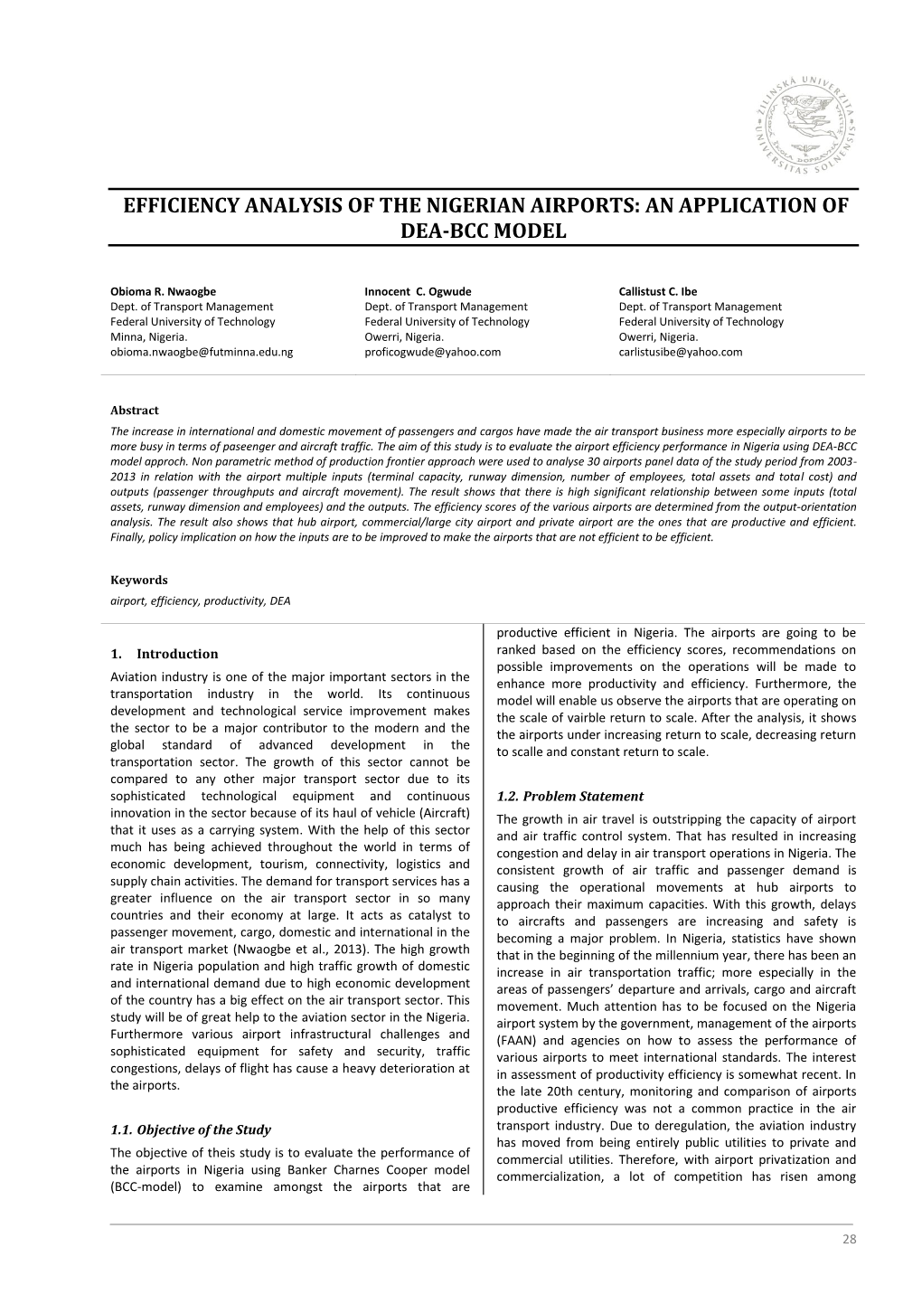 Efficiency Analysis of the Nigerian Airports: an Application of Dea-Bcc Model