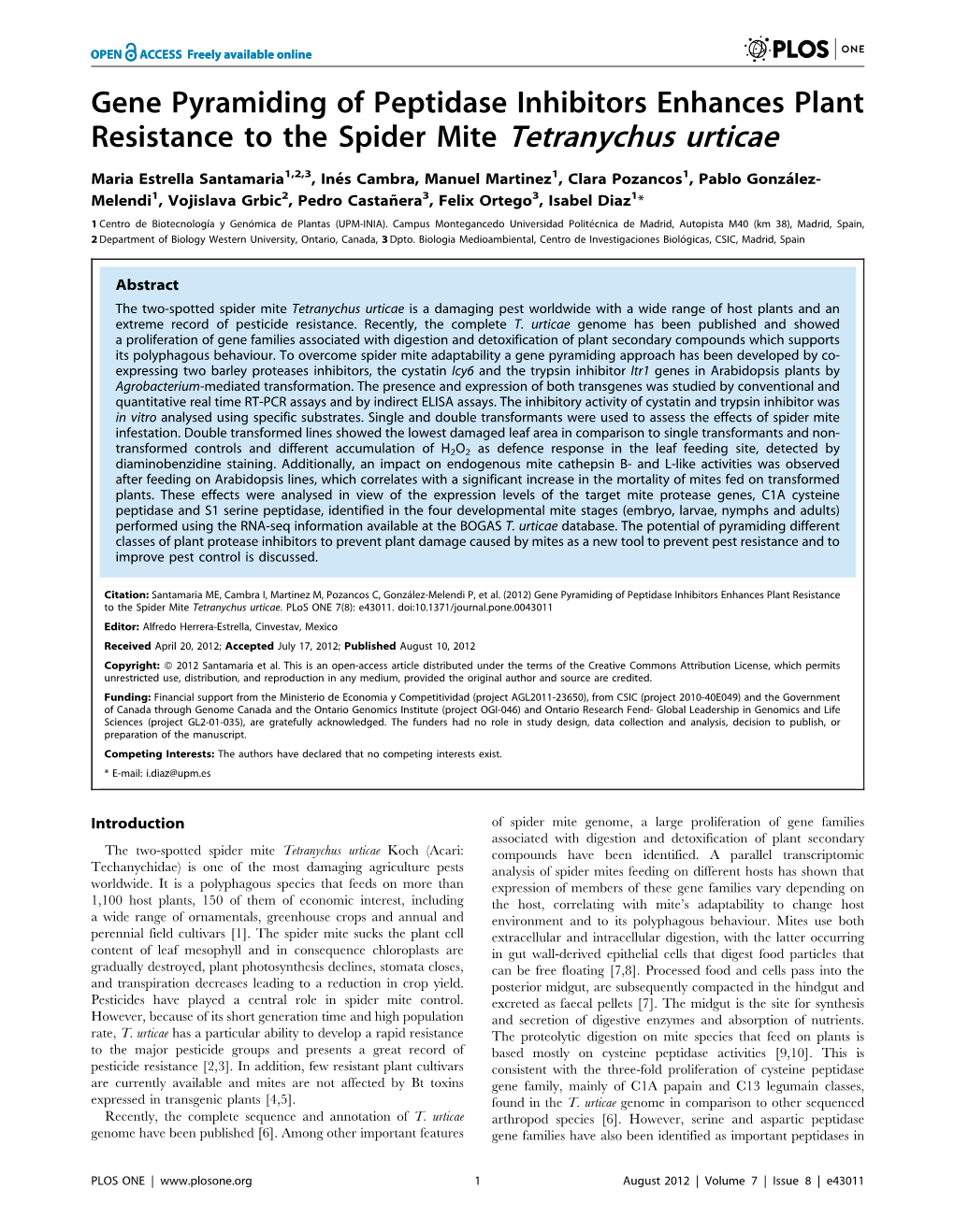 Gene Pyramiding of Peptidase Inhibitors Enhances Plant Resistance to the Spider Mite Tetranychus Urticae