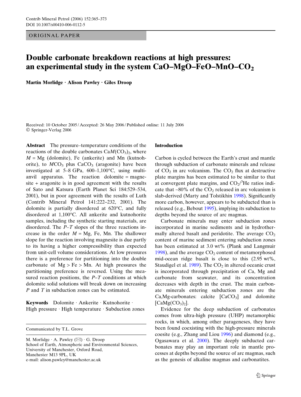 Double Carbonate Breakdown Reactions at High Pressures: an Experimental Study in the System Cao–Mgo–Feo–Mno–CO2