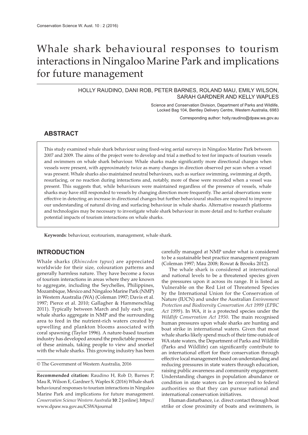 Whale Shark Behavioural Responses to Tourism Interactions in Ningaloo Marine Park and Implications for Future Management