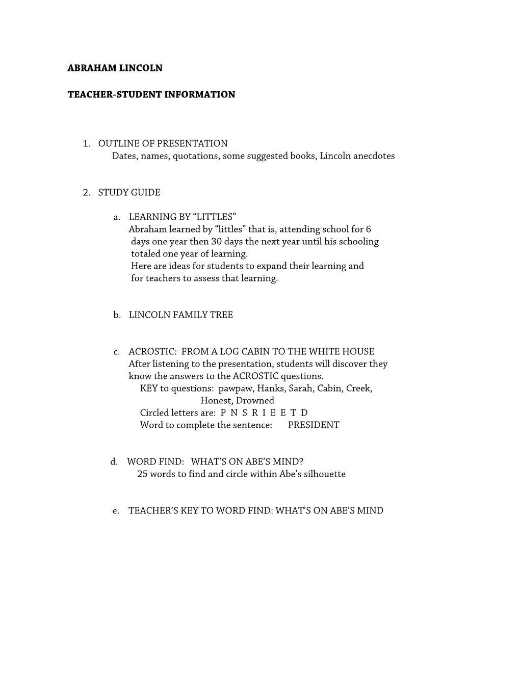 ABRAHAM LINCOLN Study Outline